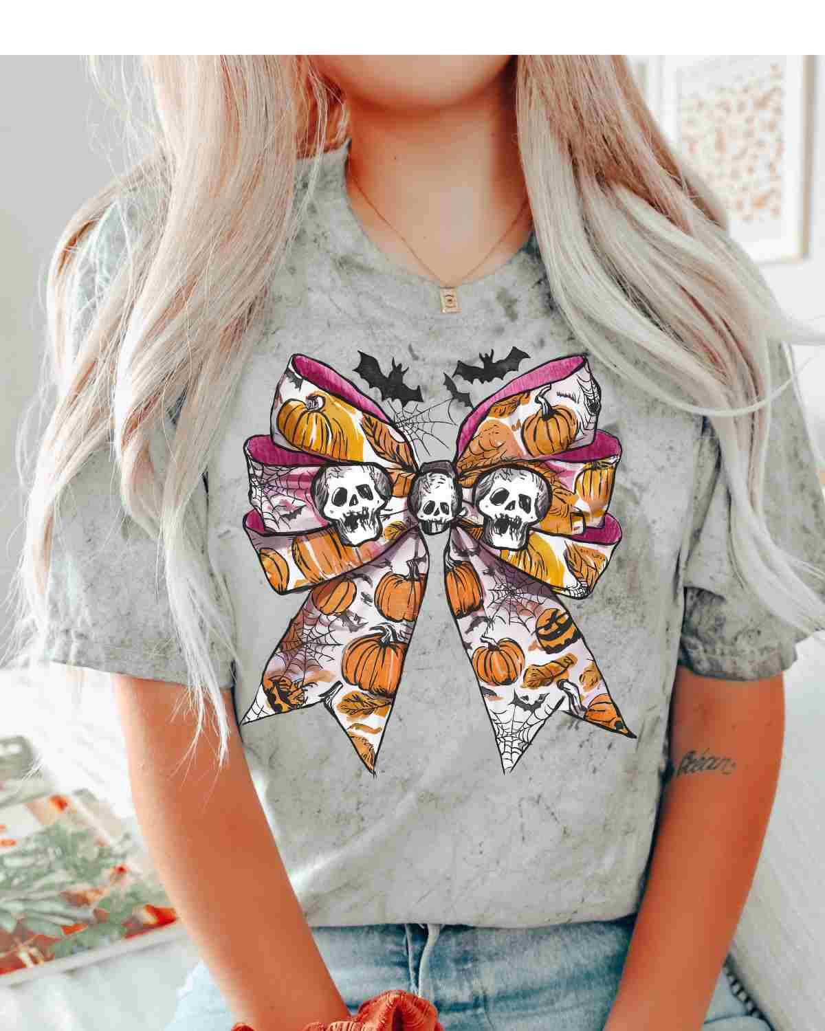 Skeleton Pink Orange Bow DTF Transfer