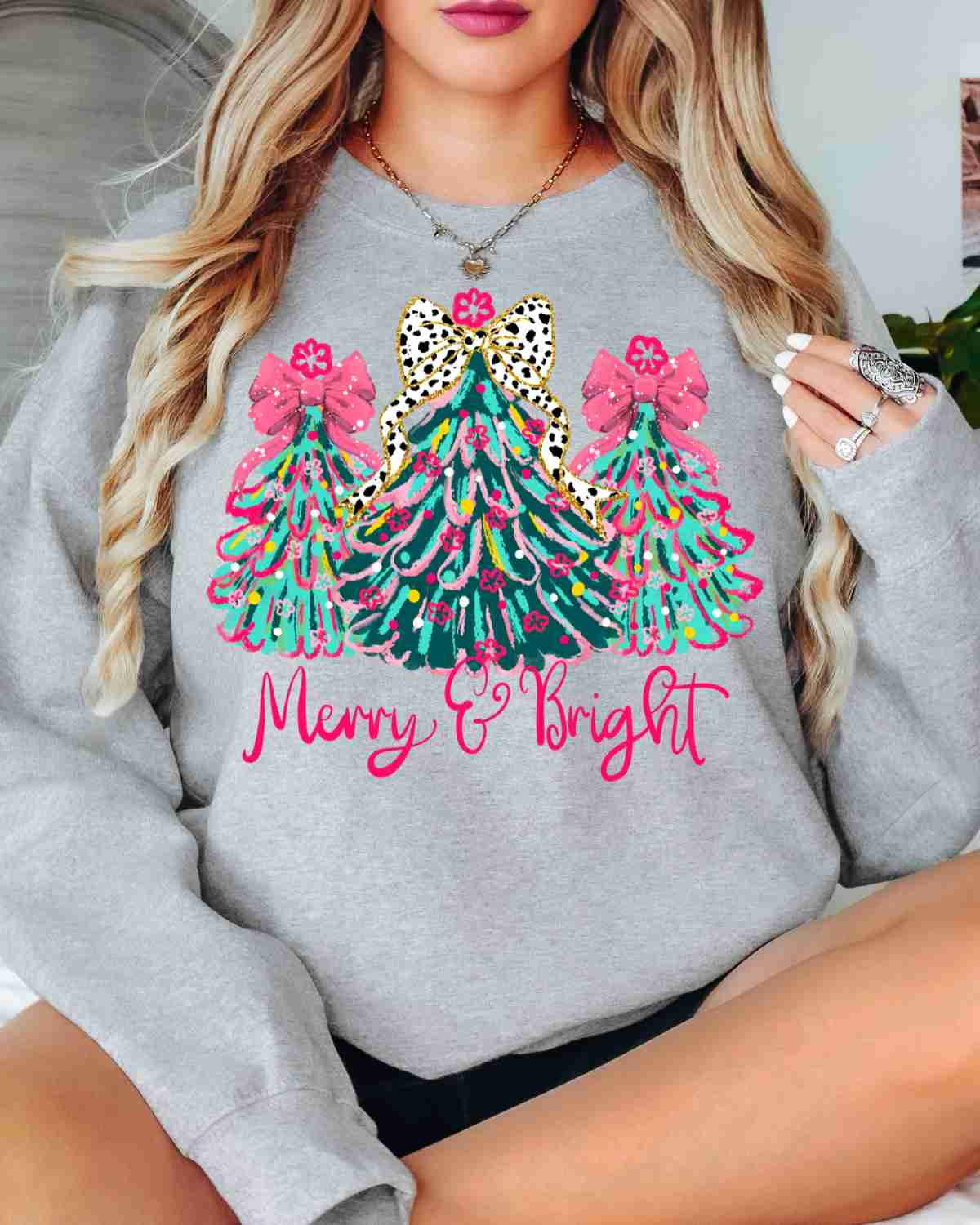 Merry and Bright Pink Trees DTF Transfer