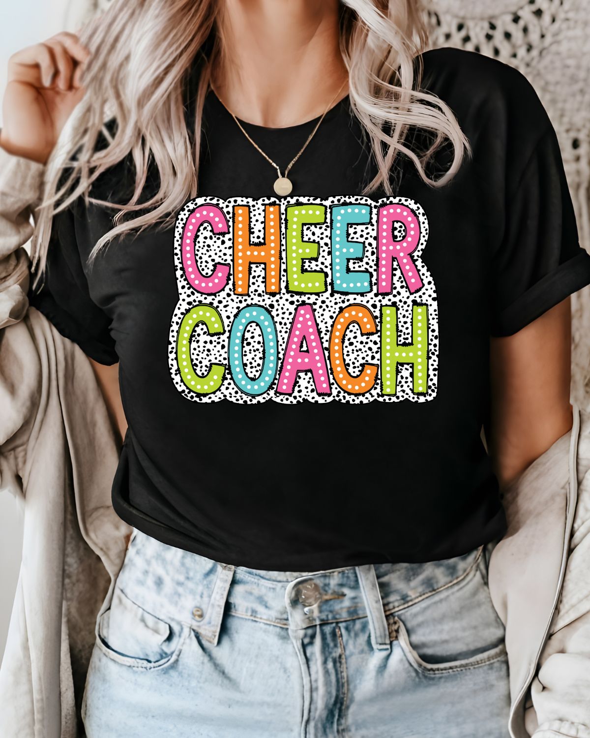 Cheer Words Colorful Dots DTF Transfer