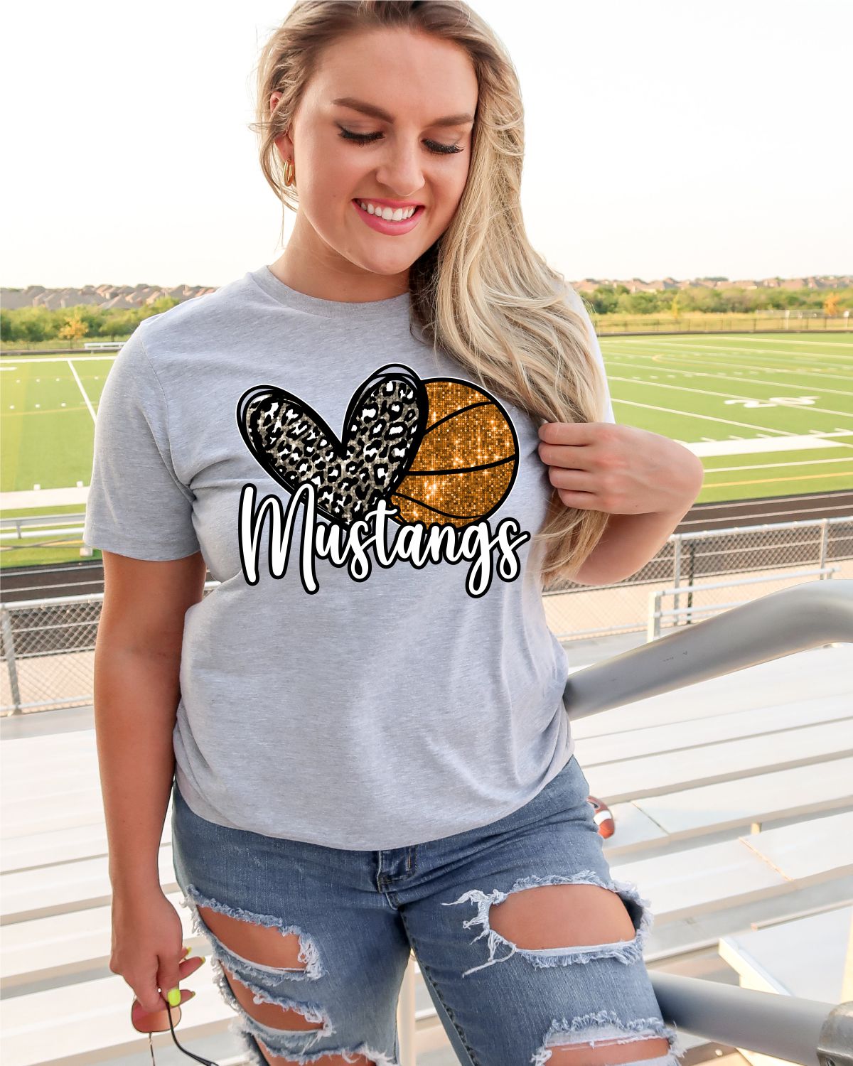 Heart Basketball Mustangs Faux Sequin DTF Transfer