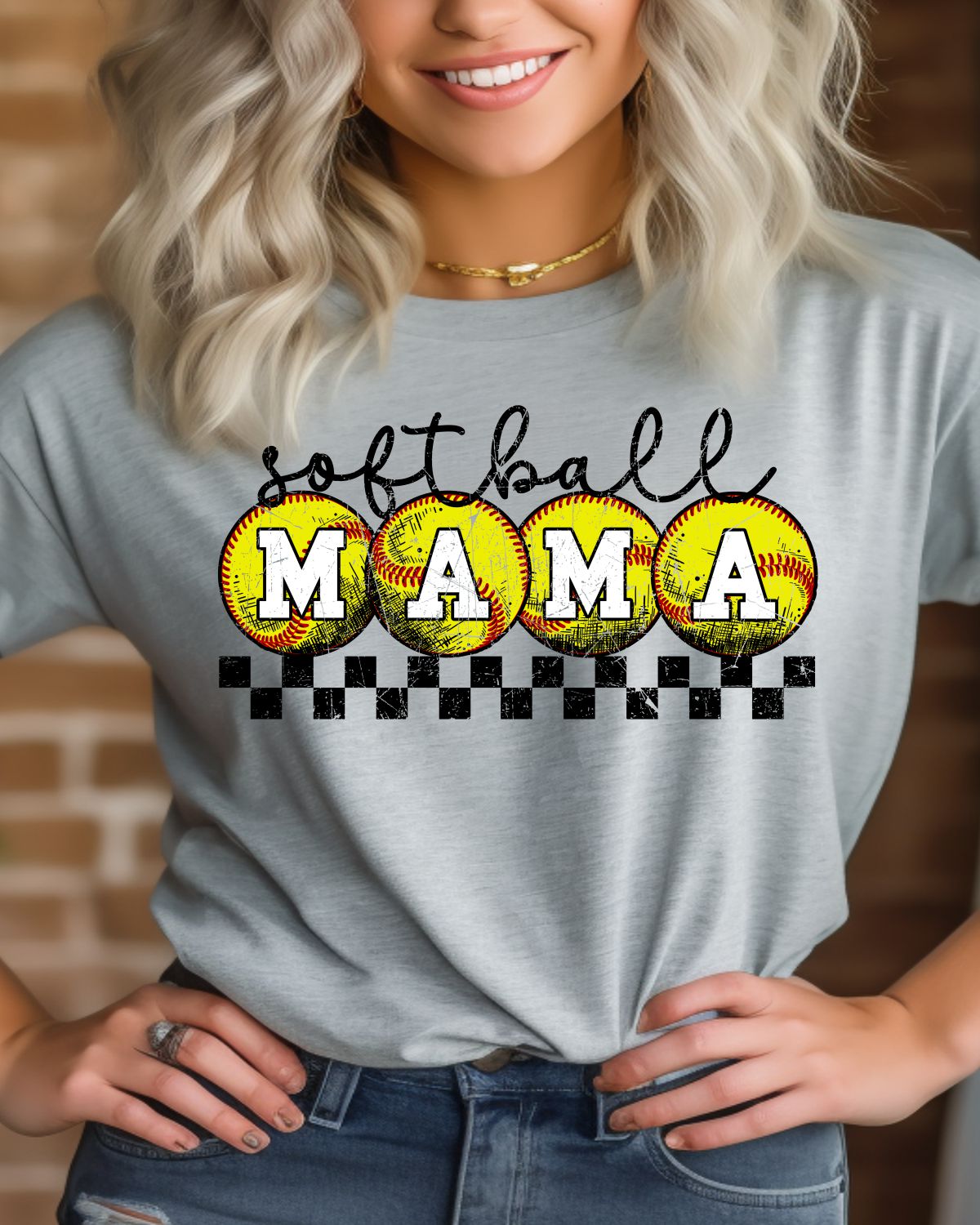 Softball Mama Checkered Border DTF Transfer