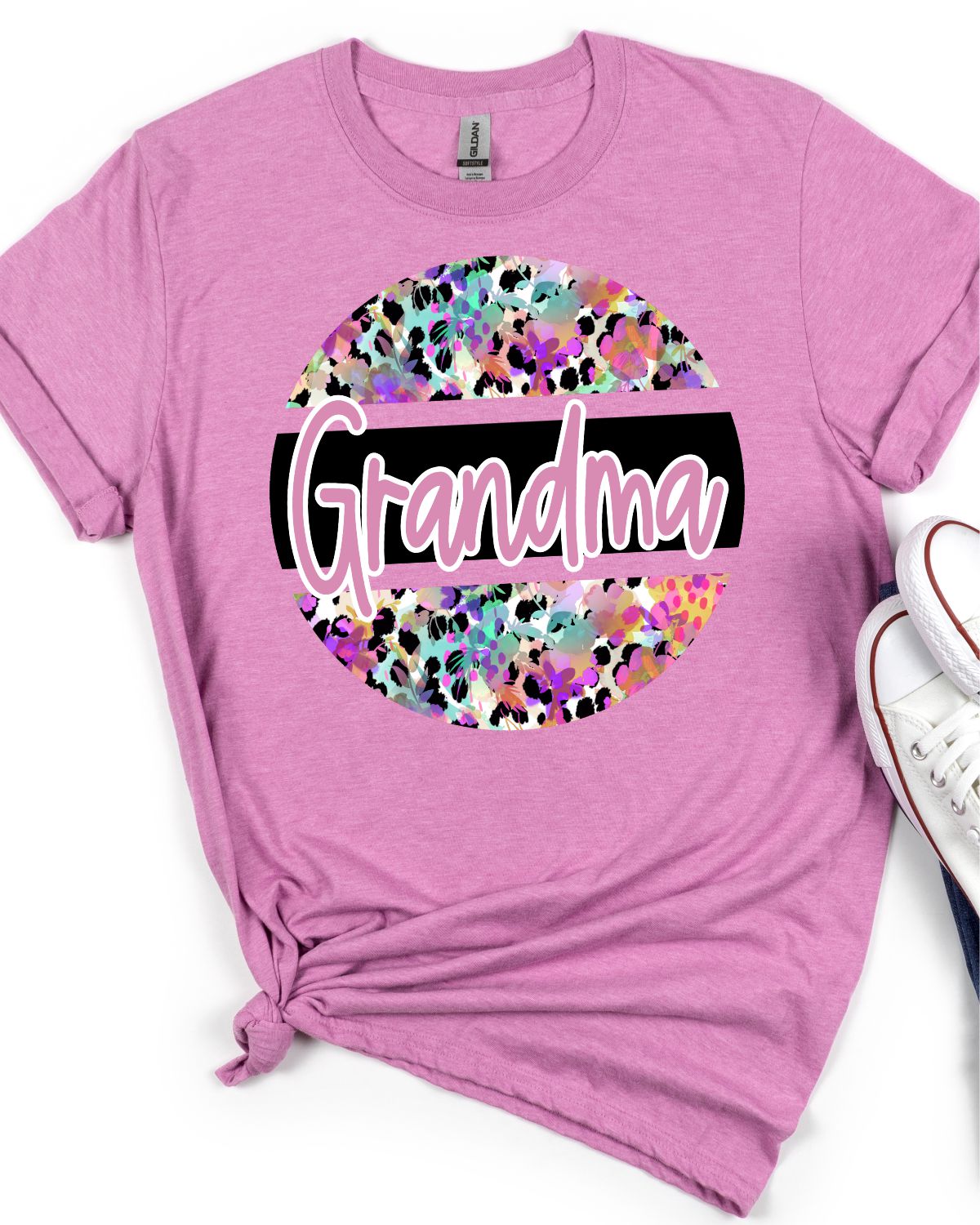 Custom Grandparent Name Leopard Floral Circle Transfer - Rustic Grace Heat Transfer Company