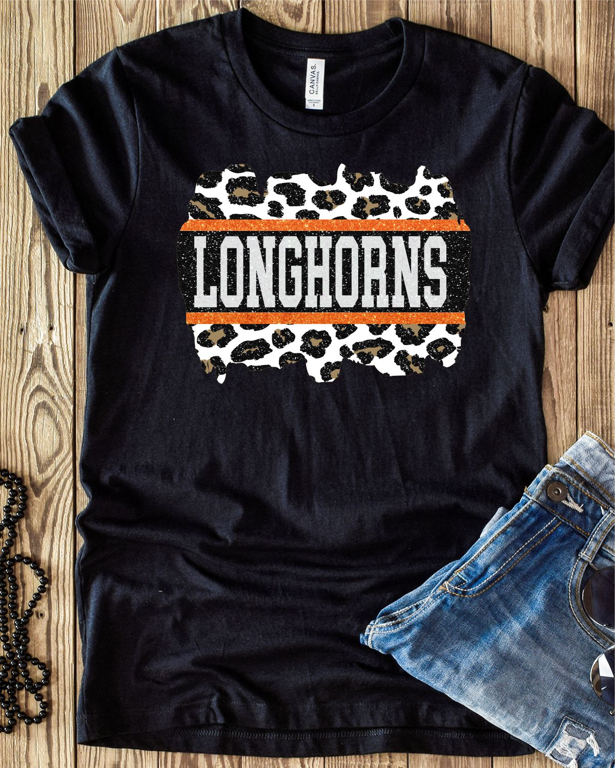 Longhorns Leopard Glitter Swash Transfer - Rustic Grace Heat Transfer Company