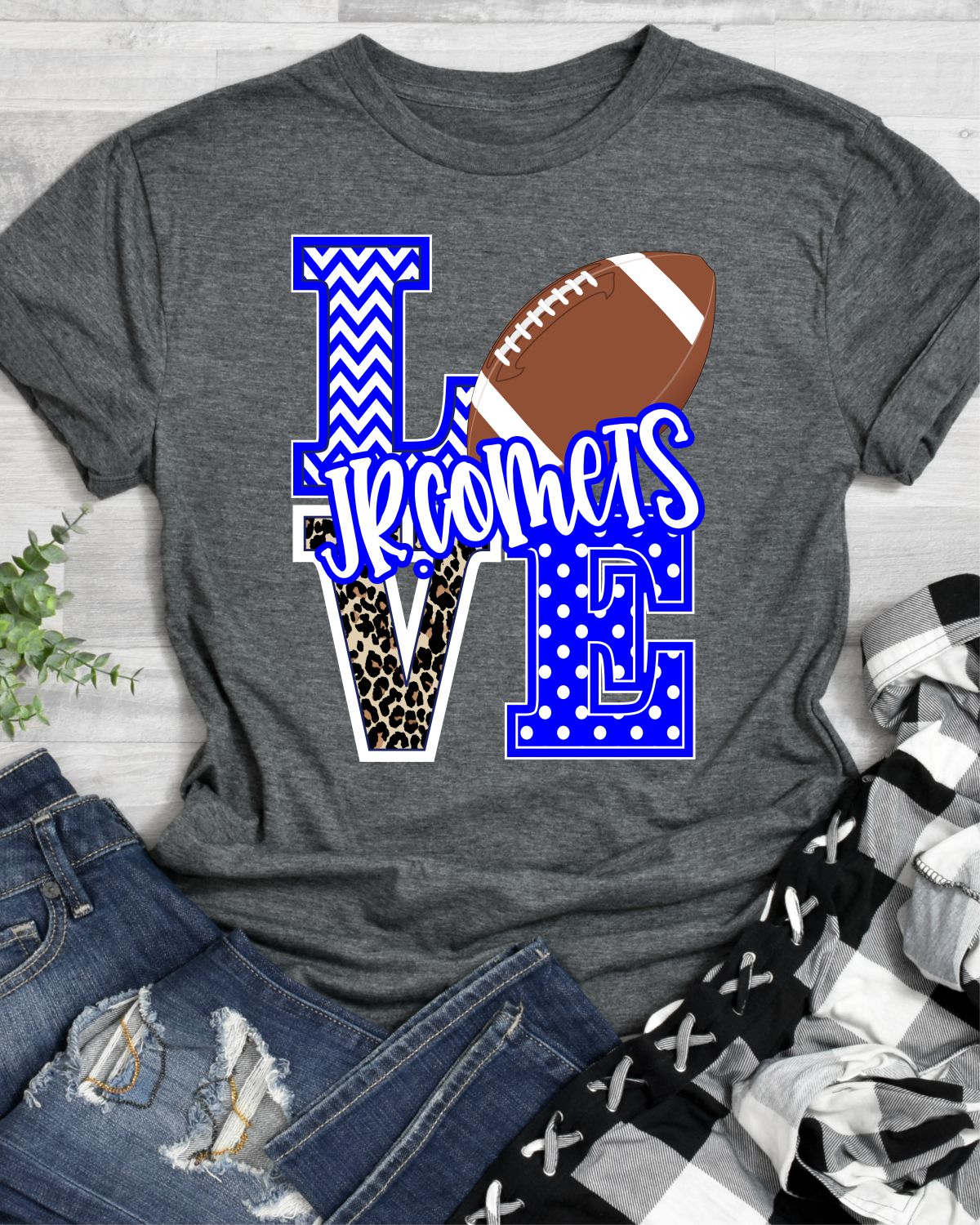 Love Jr Comets Football Leopard V Transfer - Rustic Grace Heat Transfer Company