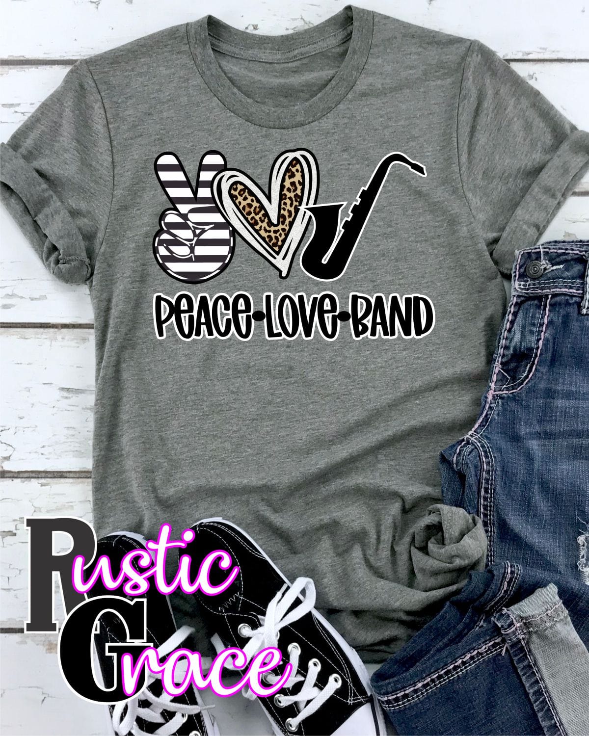 Rustic Grace Boutique Transfers Peace Love Saxophone Band Transfer heat transfers vinyl transfers iron on transfers screenprint transfer sublimation transfer dtf transfers digital laser transfers white toner transfers heat press transfers