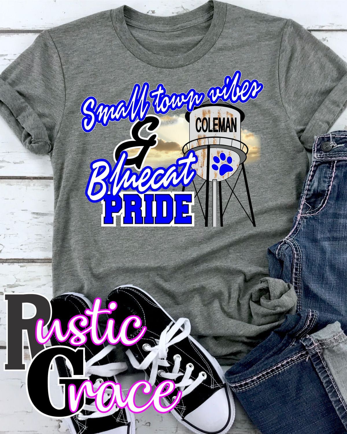 Rustic Grace Boutique Transfers Small Town Vibes & Coleman Bluecat Pride Transfer heat transfers vinyl transfers iron on transfers screenprint transfer sublimation transfer dtf transfers digital laser transfers white toner transfers heat press transfers